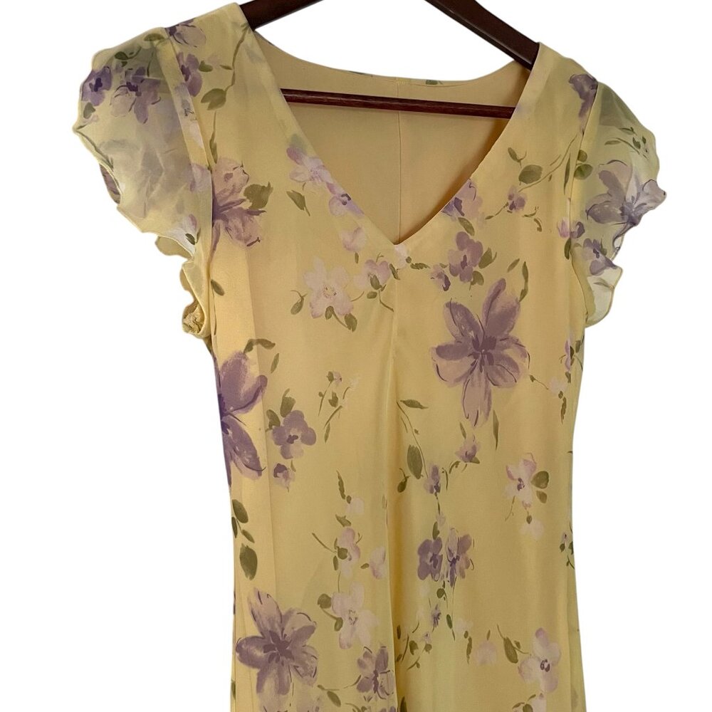Vintage 90s Y2K Mini Sun Dress XS Yellow Floral Flutter Sleeve Fairy Whimsy Core